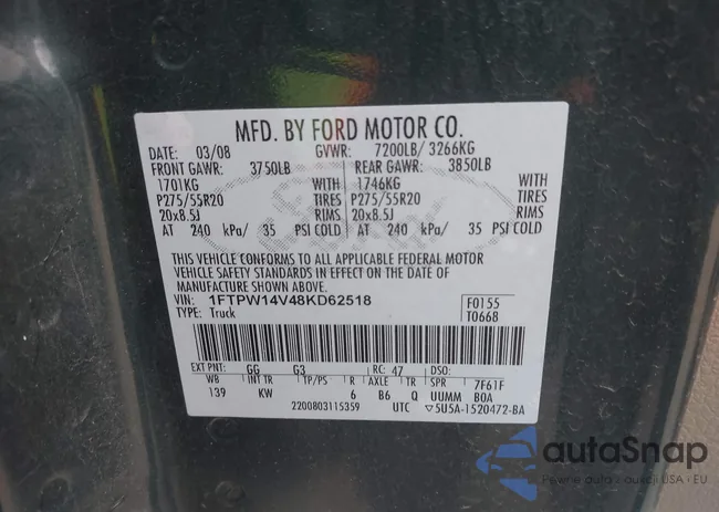 1FTPW14V48KD62518: 43137175