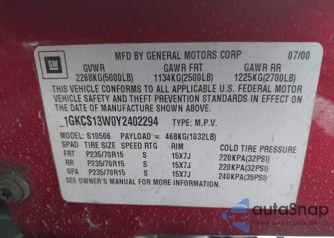 1GKCS13W0Y2402294: 43136968