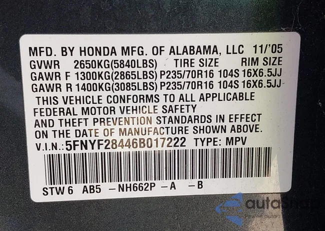 5FNYF28446B017222: 43140217