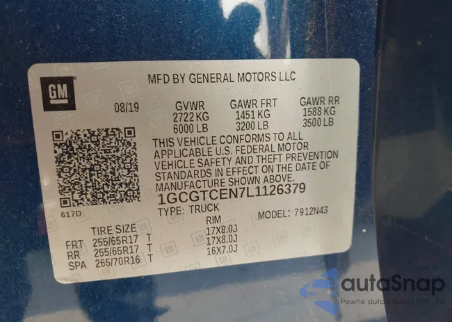 1GCGTCEN7L1126379: 43140243