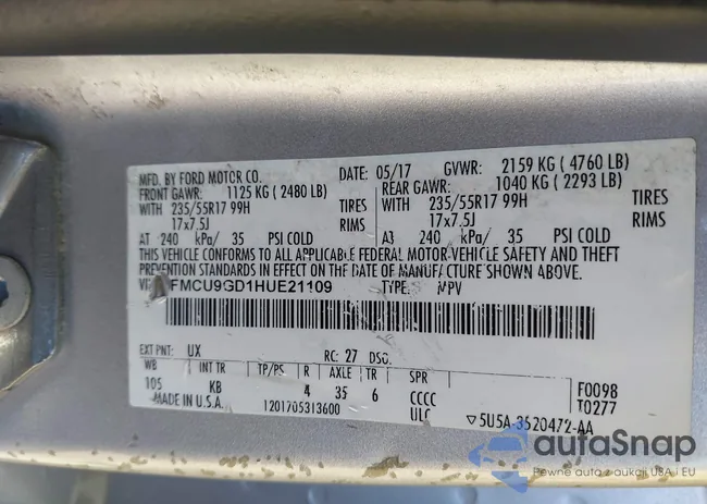 1FMCU9GD1HUE21109: 43140338