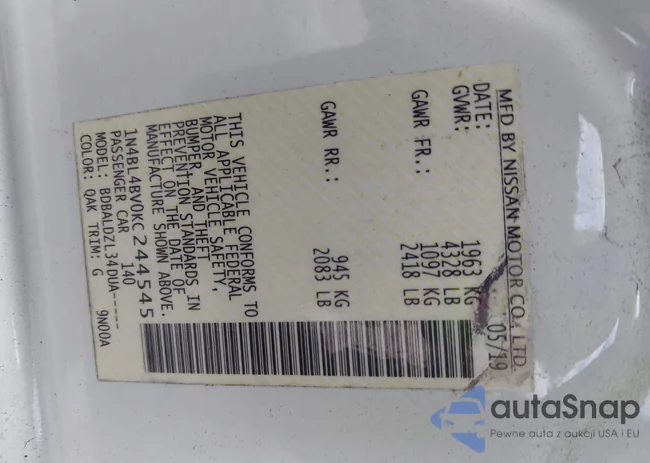 1N4BL4BV0KC244545: 43140010