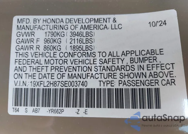 19XFL2H87SE003740: 43141445