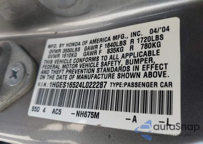 1HGES16524L022287: 43142116