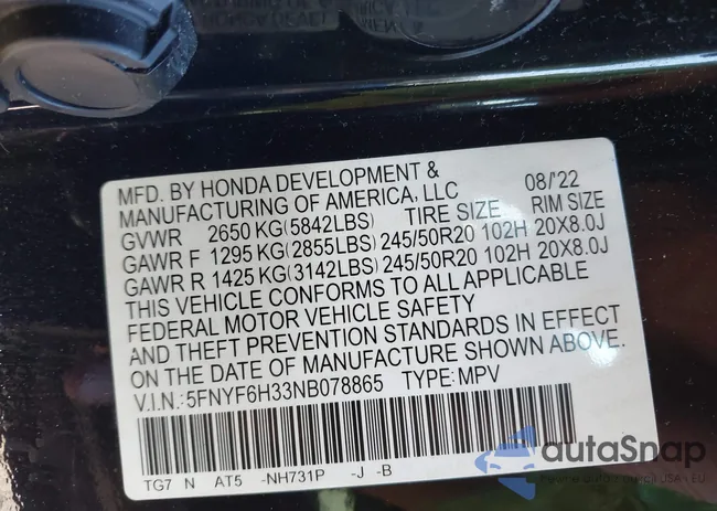 5FNYF6H33NB078865: 43142190