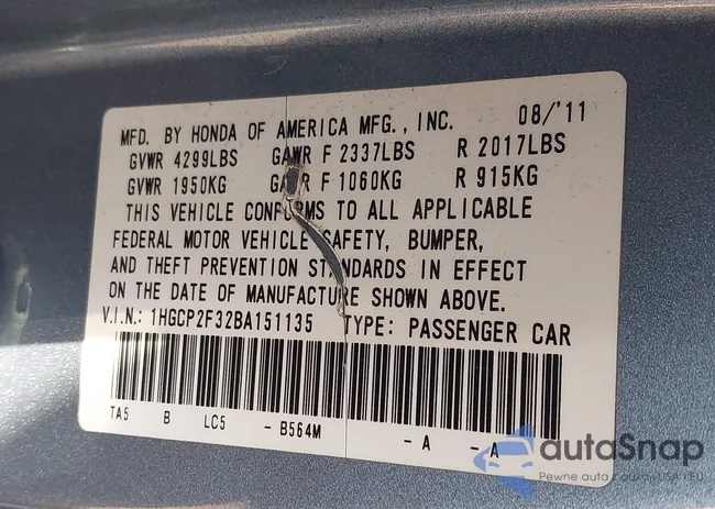 1HGCP2F32BA151135: 43142319