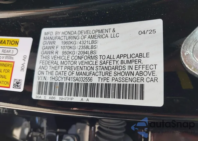 1HGCY1F42SA015457: 43143443