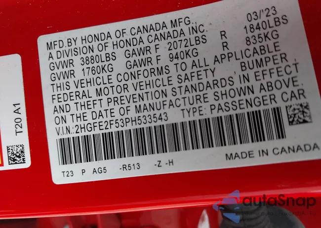 2HGFE2F53PH533543: 43143965