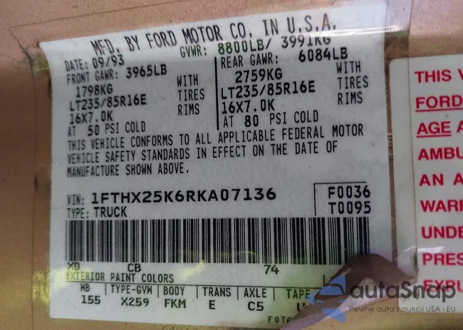 1FTHX25K6RKA07136: 43145302