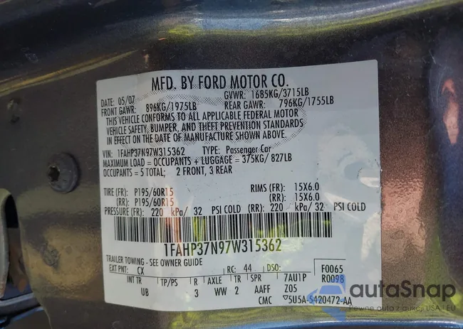 1FAHP37N97W315362: 43145311