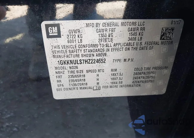 1GKKNULS7HZ224652: 43146254