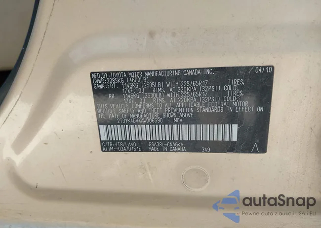 2T3YK4DVXAW006590: 43146460