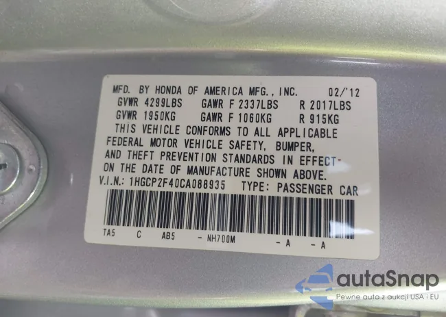 1HGCP2F40CA088935: 43146469