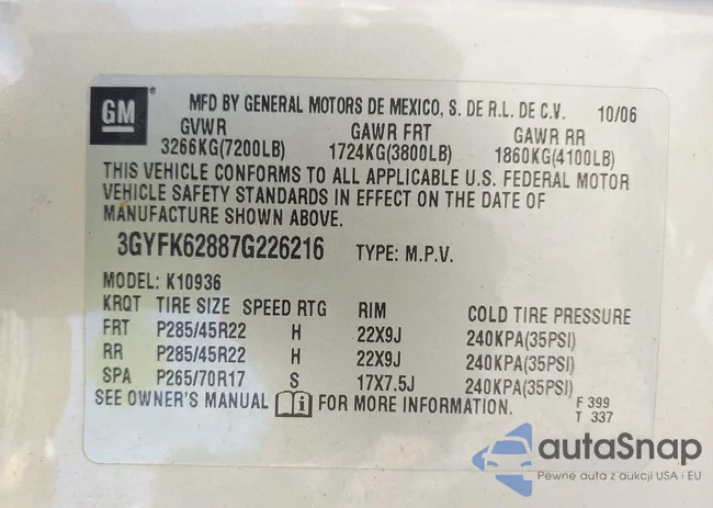 3GYFK62887G226216: 43146028