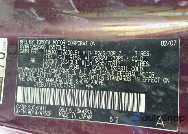 JTEBU11F570077751: 43147060