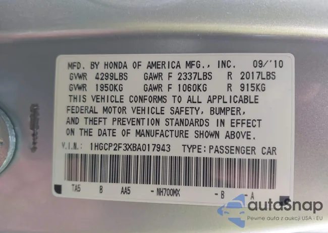 1HGCP2F3XBA017943: 43147493