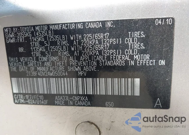 2T3BF4DV2AW050044: 43146821