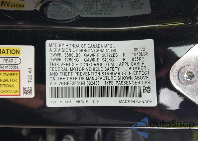 2HGFE2F51NH602436: 43148535