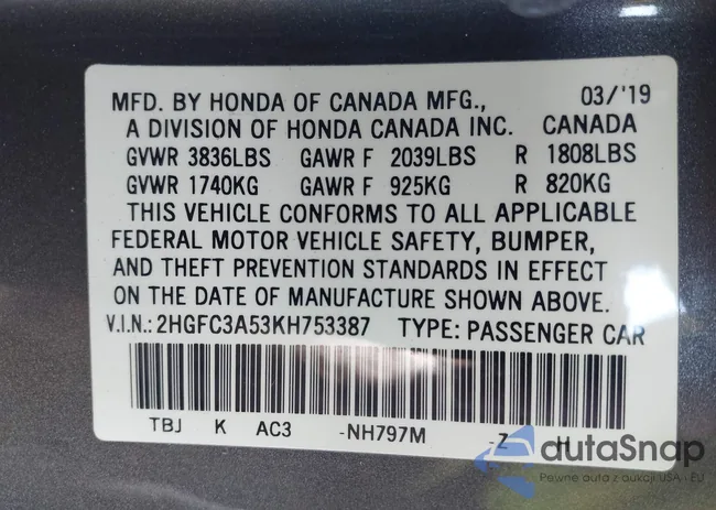 2HGFC3A53KH753387: 43147693