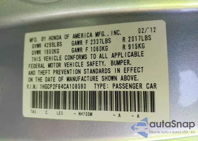 1HGCP2F64CA108590: 43147709