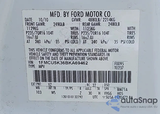 1FMCU5K36BKA69462: 43148680