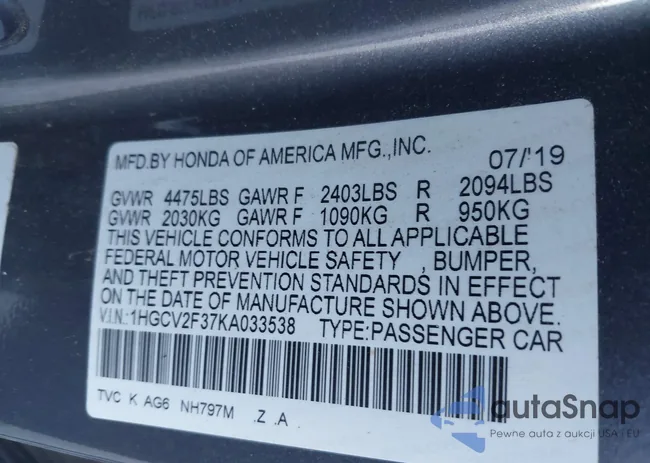 1HGCV2F37KA033538: 43150110