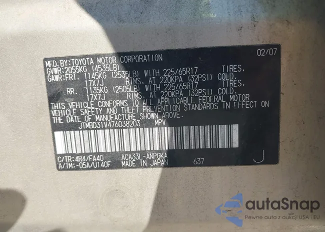 JTMBD31V476038203: 43150657