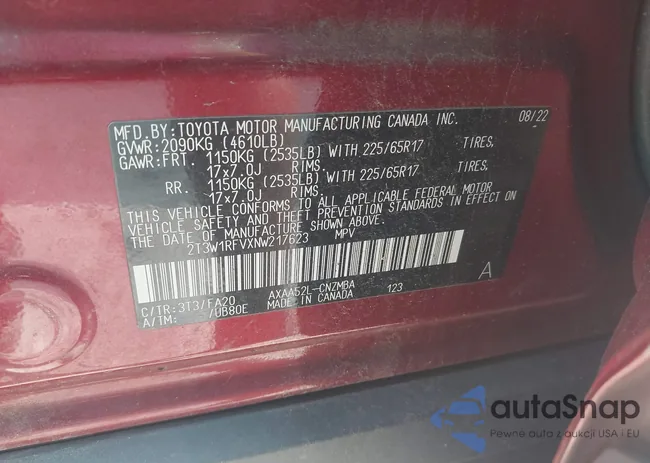 2T3W1RFVXNW217623: 43152099