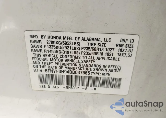 5FNYF3H94DB037565: 43152628