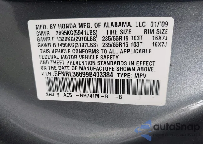 5FNRL38699B403384: 43153130