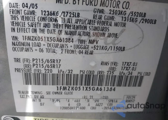 1FMZK051X5GA61384: 43153454