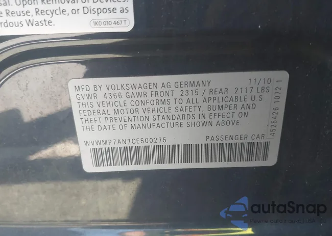 WVWMP7AN7CE500275: 43156274