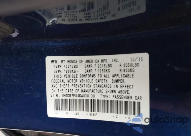 1HGCR2F54GA038130: 43157230