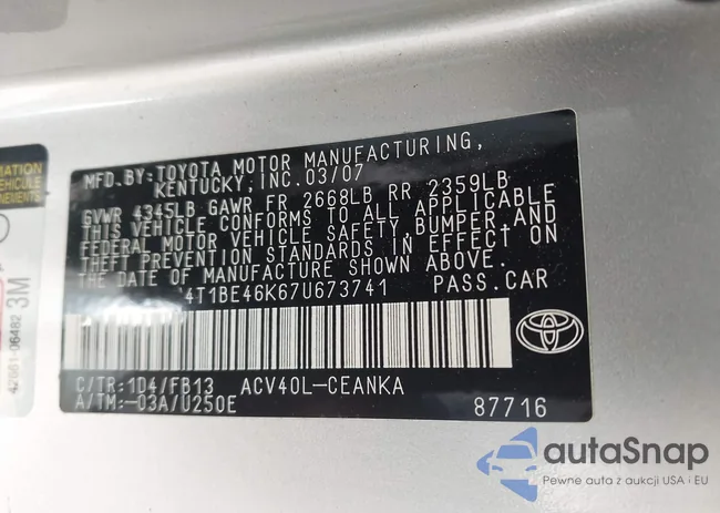 4T1BE46K67U673741: 43157518