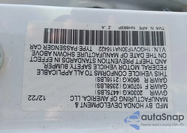 1HGCV1F30NA116422: 43157662