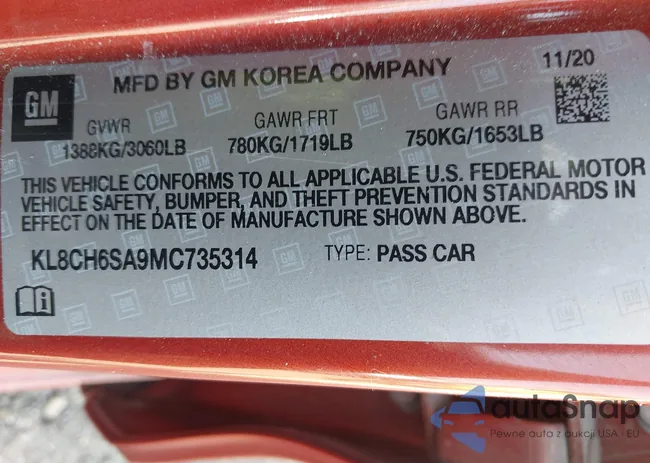 KL8CH6SA9MC735314: 43158732