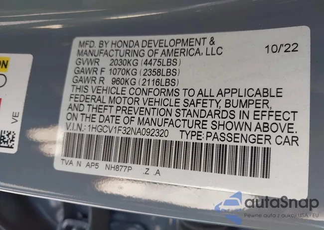 1HGCV1F32NA092320: 43159694