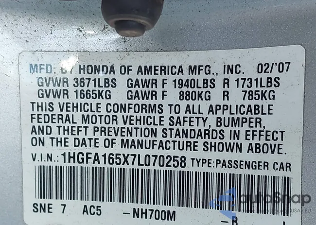 1HGFA165X7L070258: 43161132