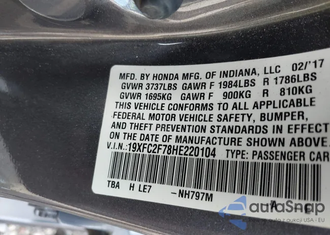 19XFC2F78HE220104: 43160701