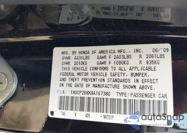 1HGCP268X9A167380: 43160949