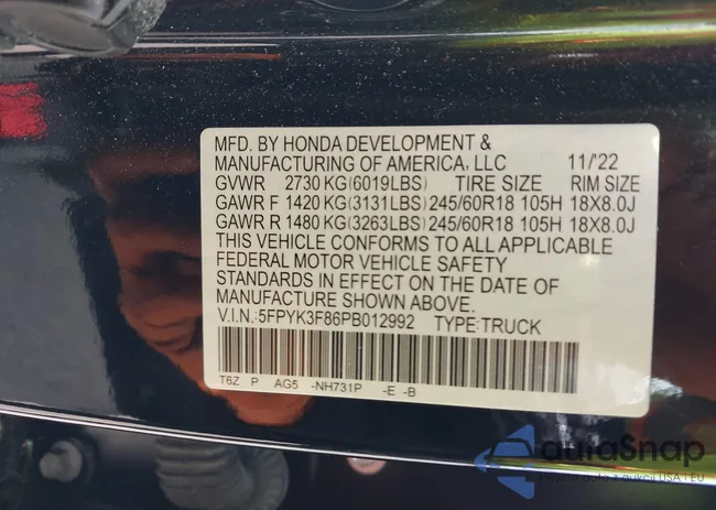 5FPYK3F86PB012992: 43162553