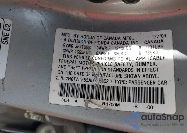 2HGFA1F55AH316802: 43162622