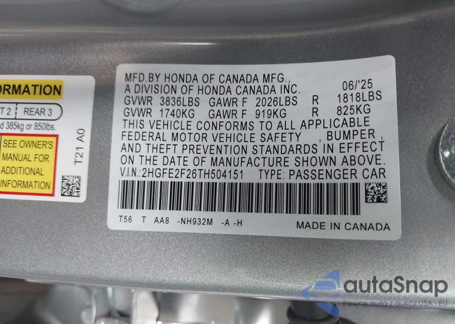 2HGFE2F26TH504151: 43161663