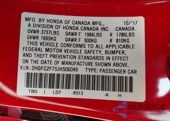 2HGFC2F75JH506049: 43164274