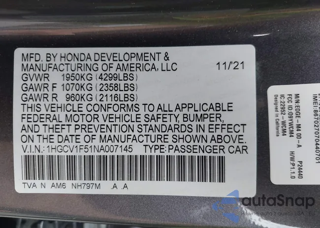 1HGCV1F51NA007145: 43165172