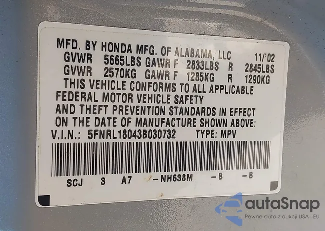 5FNRL18043B030732: 43165391