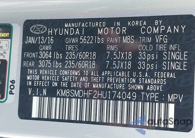 KM8SMDHF2HU174049: 43164673