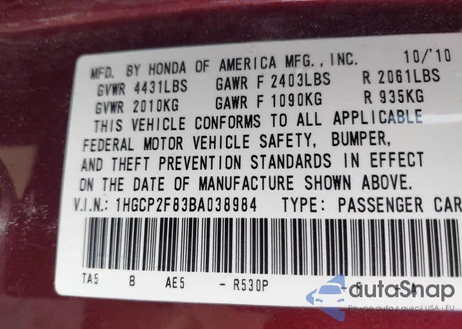 1HGCP2F83BA038984: 43164832