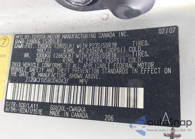 2T2GK31U58C040437: 43168468