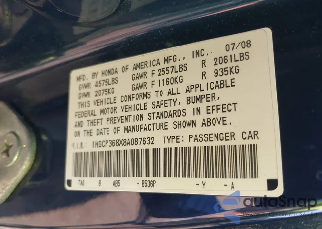 1HGCP368X8A087632: 43169339